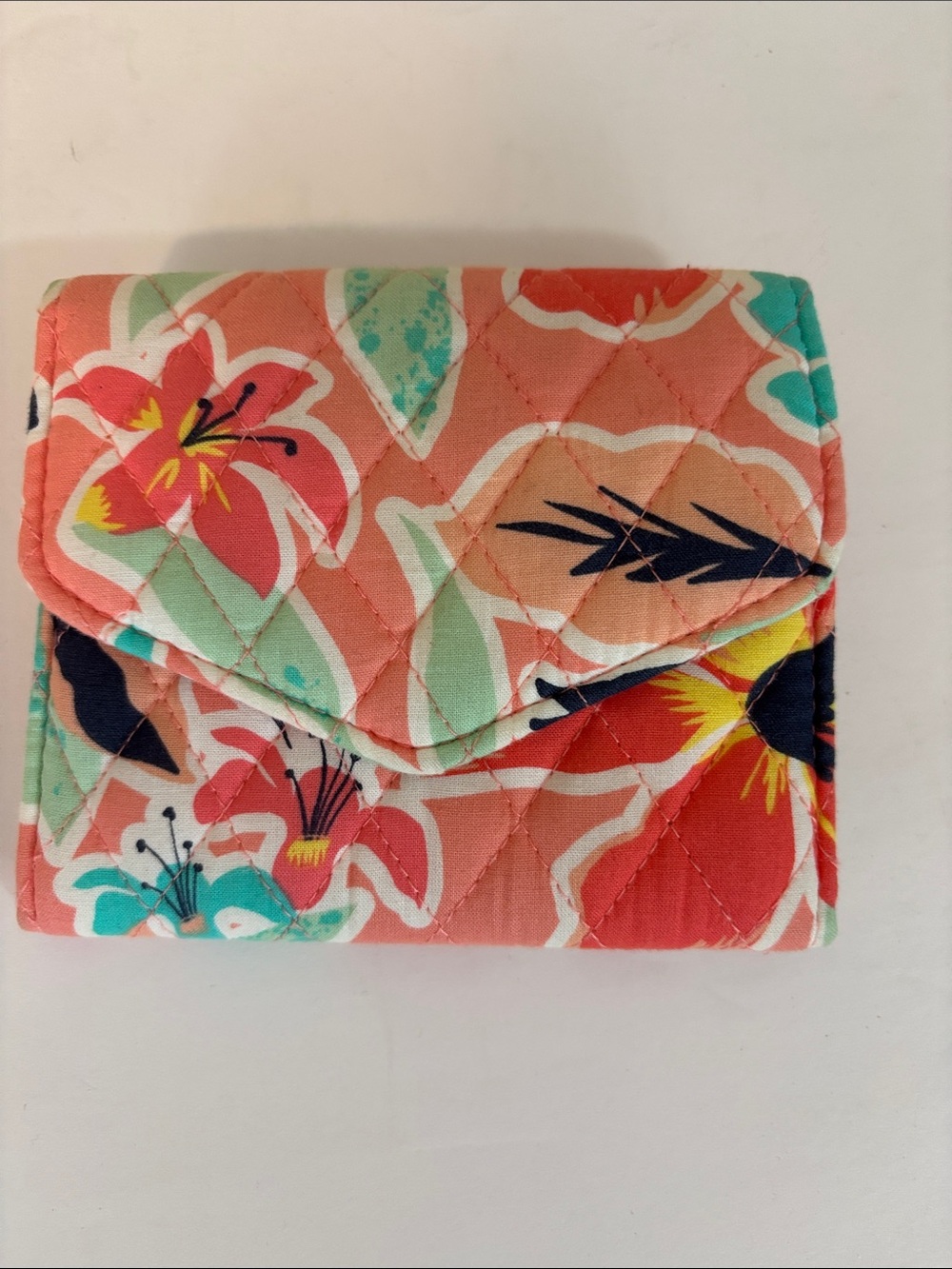 Vera Bradley Mini Quilted Trifold Wallet in Rainforest Lily Coral